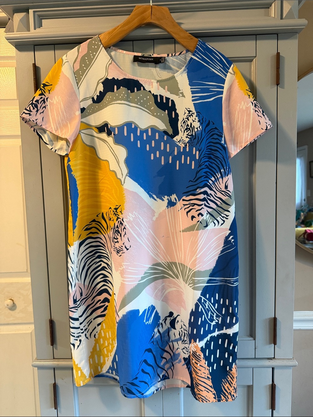 MINKPINK Abstract Print Short Sleeve Mini Dress in Blue, Pink, Yellow
